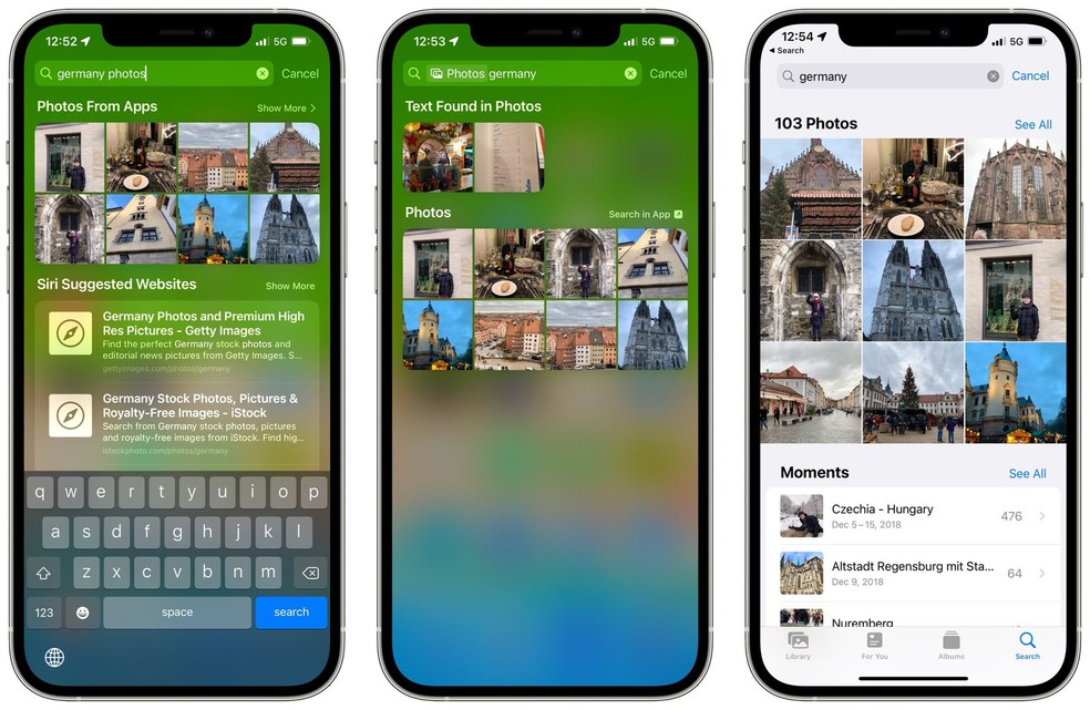O motor de busca do iOS, o Spotlight, usa IA para fazer uma varredura em diversos apps e te mostrar resultados mais detalhados — Foto: Reprodução/MacRumors