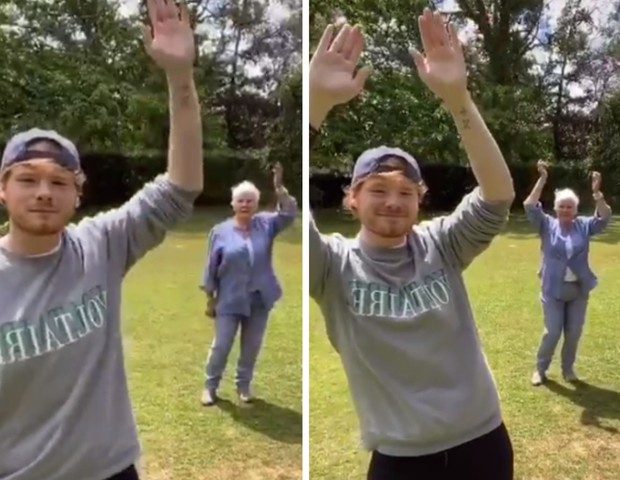 Judi Dench com o neto Sam Williams no desafio de dança do TikTok (Foto: Reprodução/Instagram) Judi Dench com o neto Sam Williams no desafio de dança do TikTok (Foto: Reprodução/Instagram)