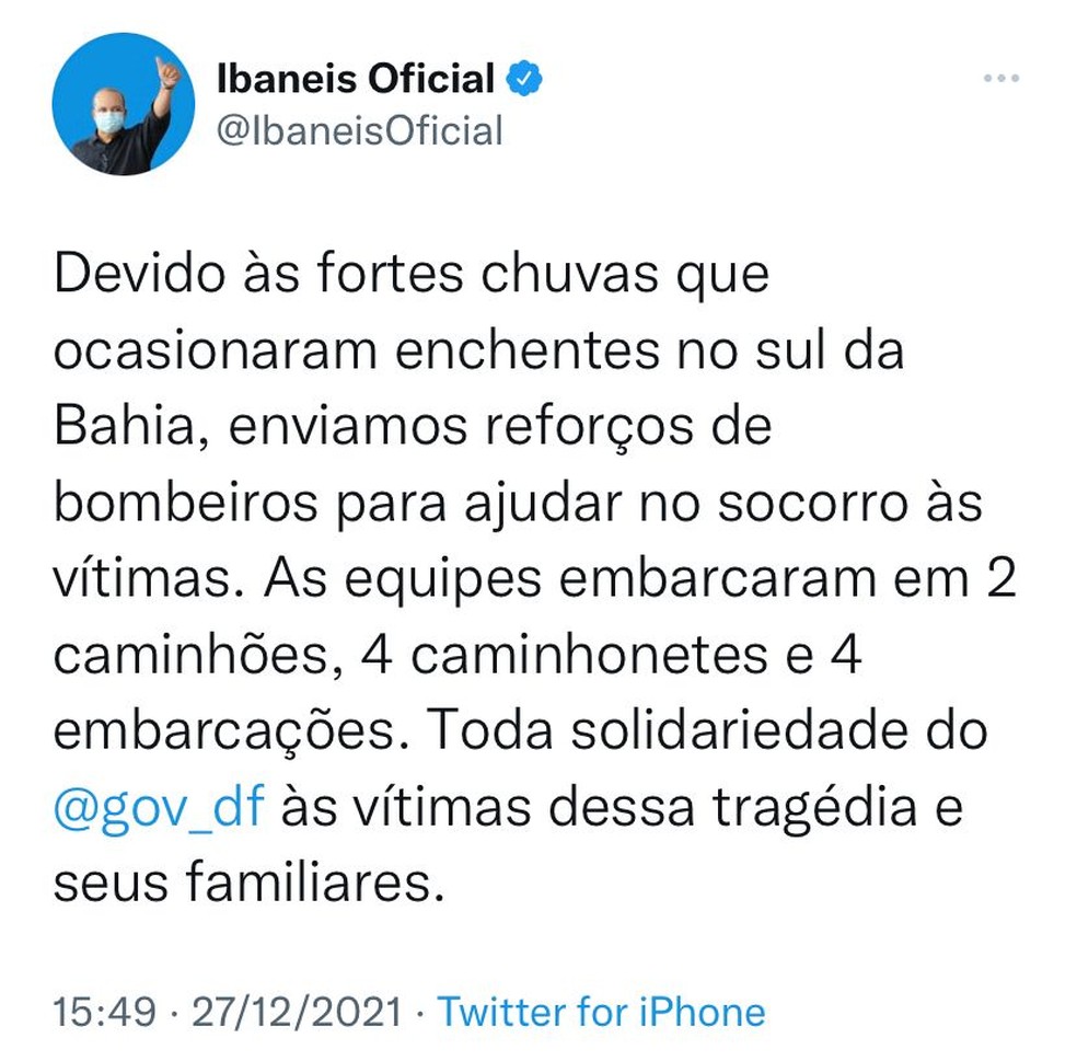 Publicação do governador Ibaneis Rocha em solidariedade à vítimas das enchentes na Bahia — Foto: Twitter/Reprodução