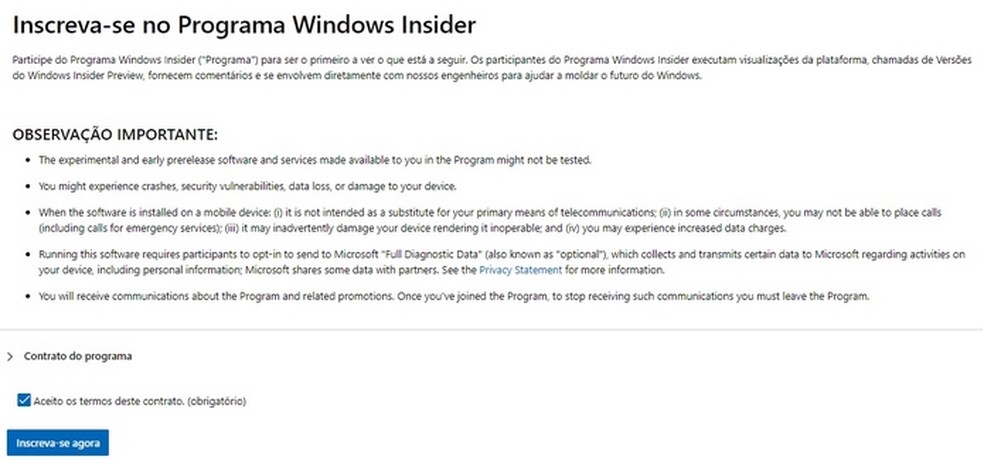 Inscrição no Programa Windows Insider é feita de forma fácil; cadastro permite receber Windows 11 antes do lançamento oficial — Foto: Reprodução/Raquel Freire