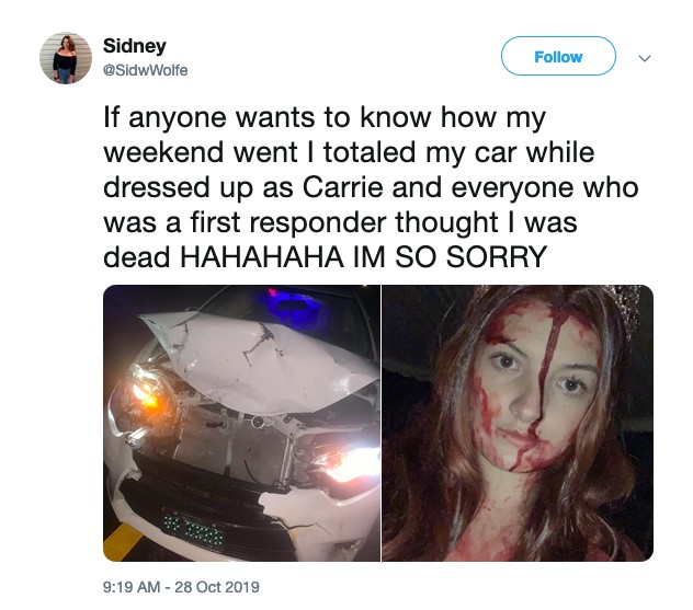 O relato de Sidney Wolfe no Twitter sobre o acidente que sofreu enquanto estava fantasiada como a protagonista de Carrie, A Estranha (Foto: Instagram)