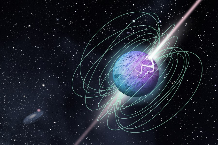Representação artística de um magnetar em explosão, mostrando o complexo campo magnético e emissão (Foto: McGill University Graphic Design Team)