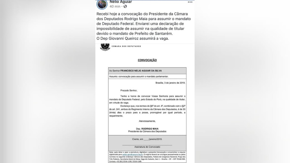 Nélio Aguiar confirmou através das redes sociais a convocação para o mandato, que será recusado por ele por ocupar o cargo de Prefeito — Foto: Redes Sociais