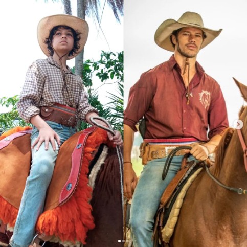 Gustavo Corasini e José Loreto como Tadeu em "Pantanal" — Foto: Reprodução redes sociais