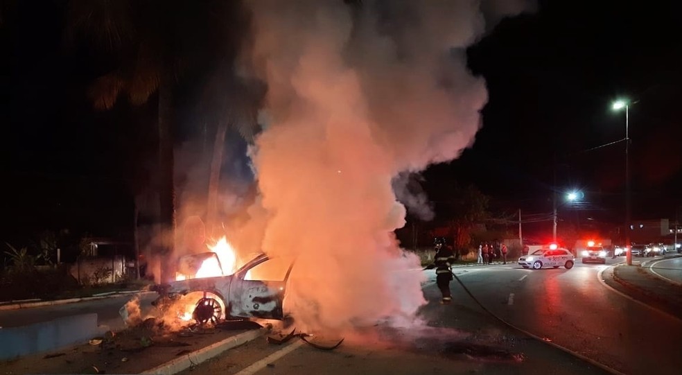 Carro pega fogo após bater em coqueiro em São Sebastião — Foto: Divulgação/Corpo de Bombeiros
