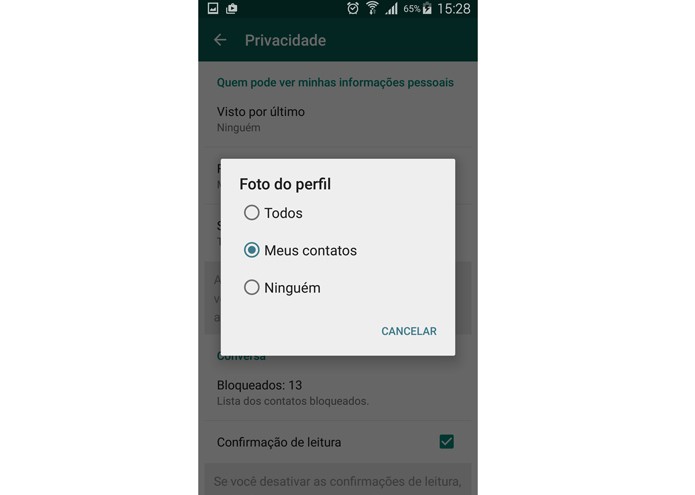 Configurando a privacidade da foto de perfil do WhatsApp (Foto: Reprodução/Lívia Dâmaso)