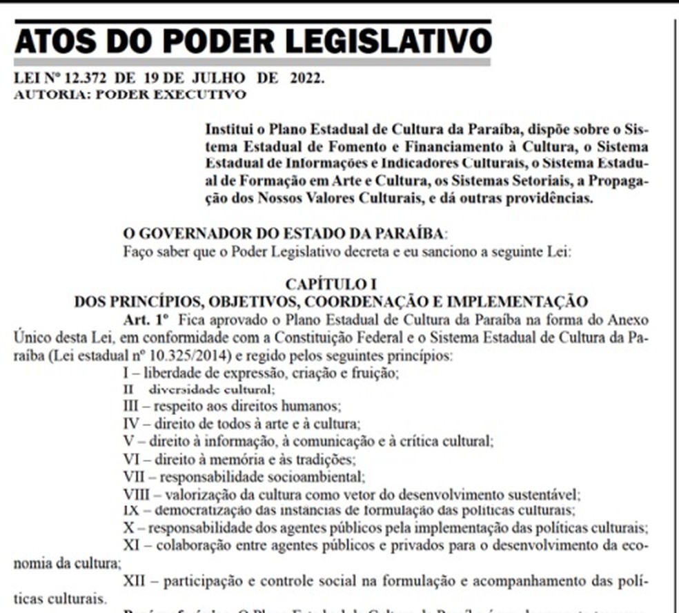 Governo da Paraíba institui o Plano Estadual de Cultura — Foto: Reprodução/DOE