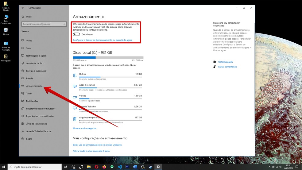 Sensor de Armazenamento do Windows 10 remove arquivos e limpa a lixeira de forma automática — Foto: Reprodução/Filipe Garrett