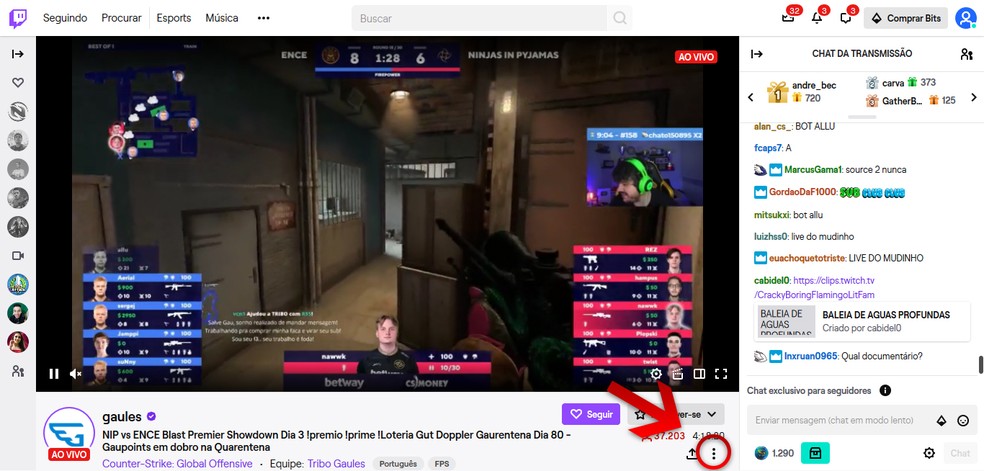 No página do streamer, clique no ícone do menu de três pontos verticais — Foto: Reprodução/Leandro Eduardo