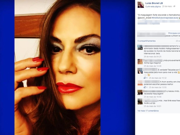 Luiza Brunet apoia causa do Instituto Avon contra a violência doméstica em sua página no Facebook, dias depois de suposta agressão (Foto: Reprodução/Facebook)
