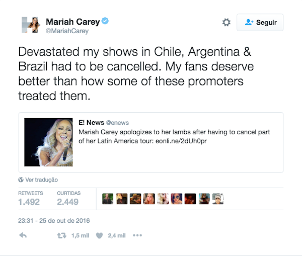Mariah Carey anunciou pelo Twitter o cancelamento de seus shows no Brasil (Foto: Twitter)