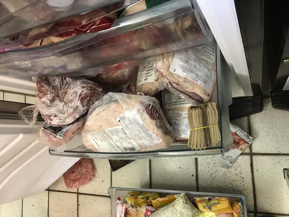 Policiais federais localizaram dinheiro escondido dentro de freezer durante cumprimento de mandados da Operação Estatueta, contra tráfico de drogas — Foto: PF/Divulgação