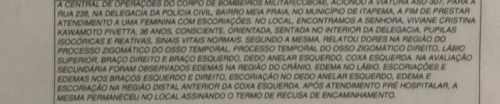 Laudo aponta hematomas em Viviane Pivetta &mdash; Foto: Reprodução