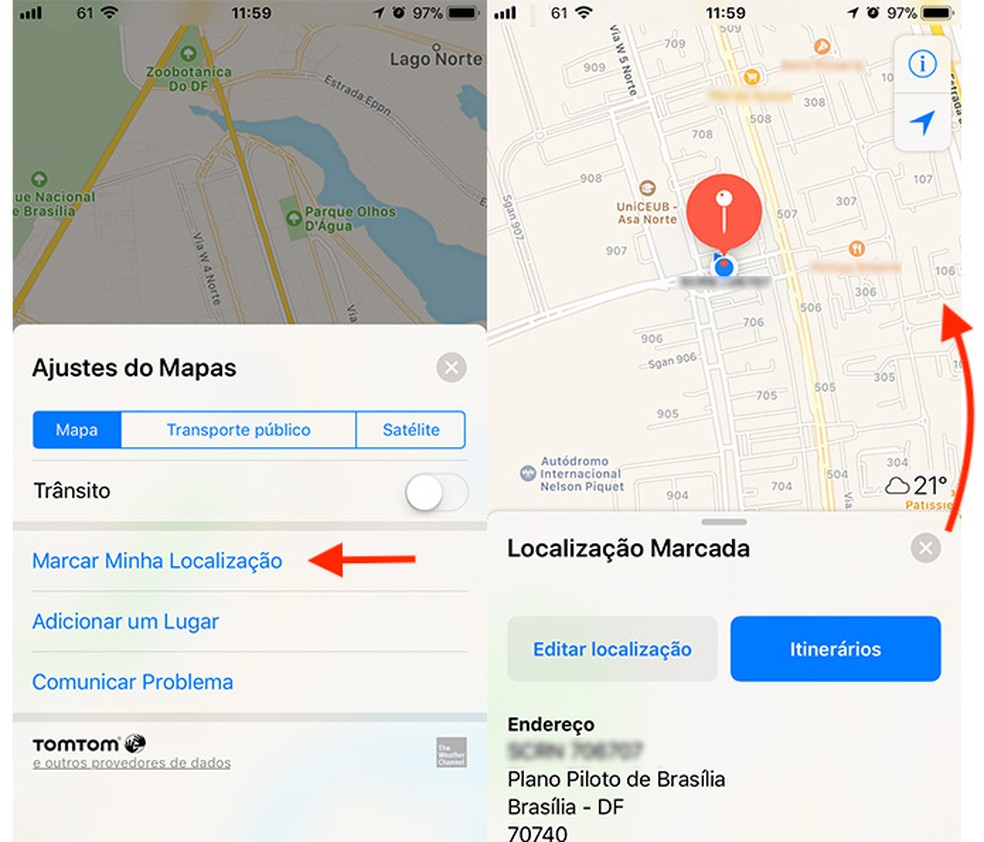 Ação para inserir um marcador em sua localização atual do Apple Maps (Foto: Reprodução/Marvin Costa)