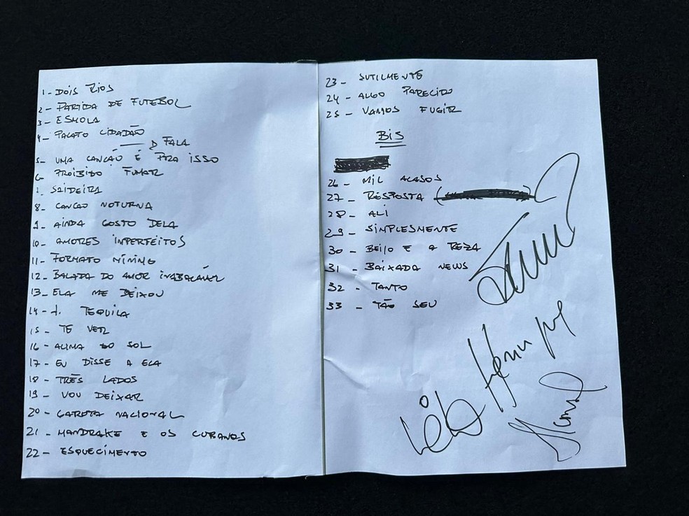 Foto do "setlist" do &uacute;ltimo show do Skank antes da apresenta&ccedil;&atilde;o. Houve algumas altera&ccedil;&otilde;es no "bis" &mdash; Foto: Reprodu&ccedil;&atilde;o/TV Globo 