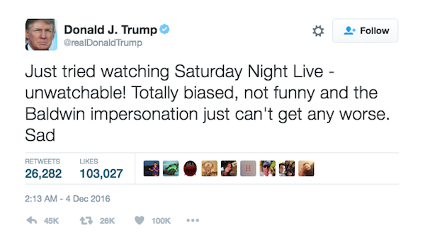 A crítica feita por Donald Trump ao ator Alec Baldwin (Foto: Twitter)