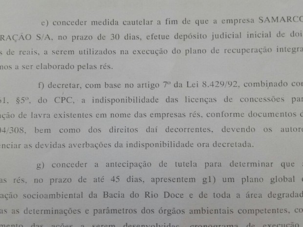 Juiz acatou pedidos de Ação Civil Pública dos governos do ES e MG (Foto: Reprodução/ TV Gazeta)