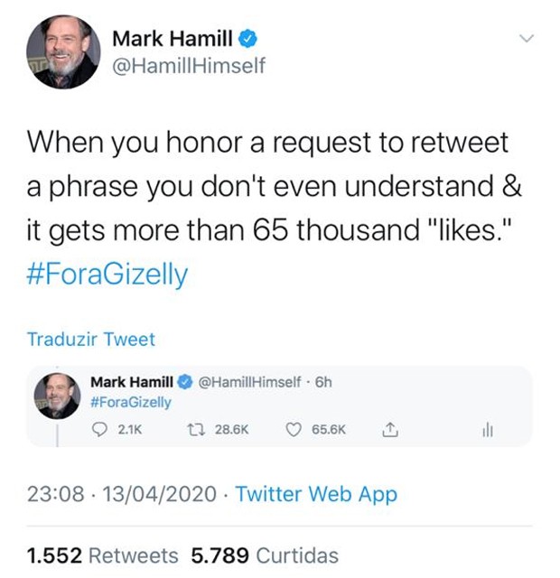 Mark Hamill, de Star Wars, fala sobre Gizelly, do BBB 20 (Foto: Reprodução/Twitter)