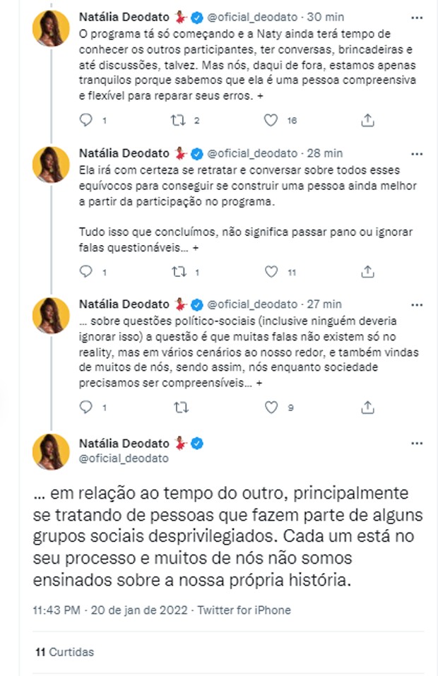 Equipe de Natália Deodato, do BBB22, se pronuncia em meio a ataques sofridos pela sister (Foto: Reprodução/Twitter)
