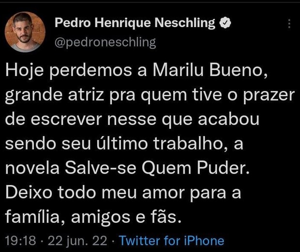 Pedro Neschling lamenta morte de Marilu Bueno (Foto: Reprodução/Twitter)