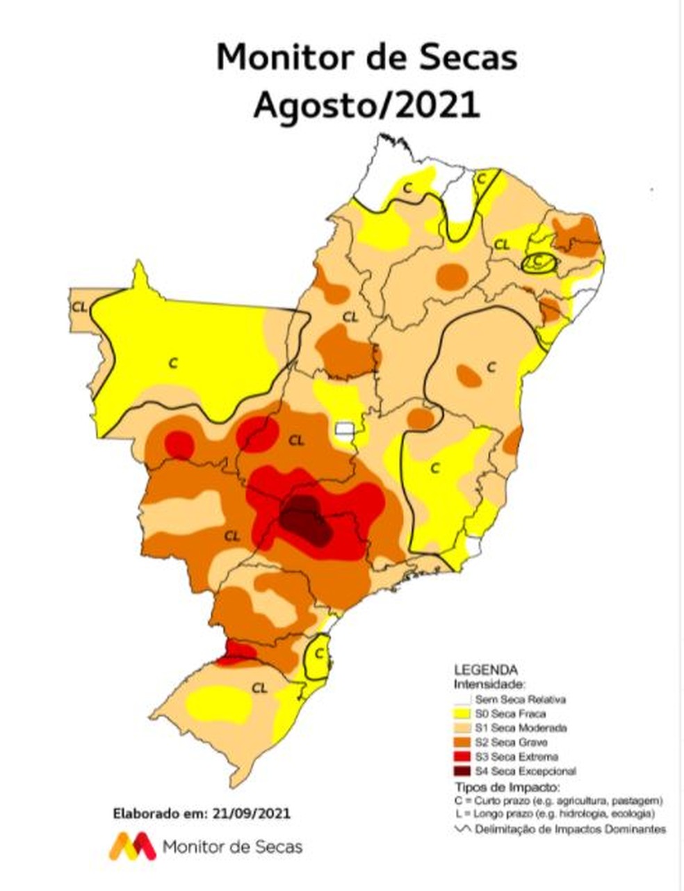 Área de seca grave aumentou no Tocantins, de acordo com o monitor — Foto: Monitor das Secas/ANA/Reprodução