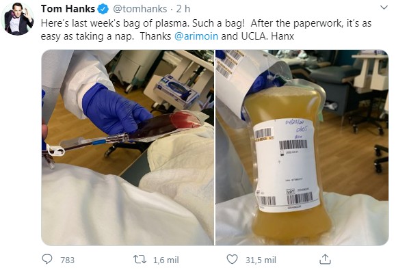 Tom Hanks compartilha fotos de seu plasma doado para pesquisa na luta contra o coronavírus (Foto: Reprodução)