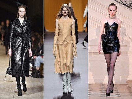 Couro (Miu Miu, Hermès, Saint Laurent) - Vestidos, saias, calças, macacões: o material aparece em muitas, muitas opções na próxima estação