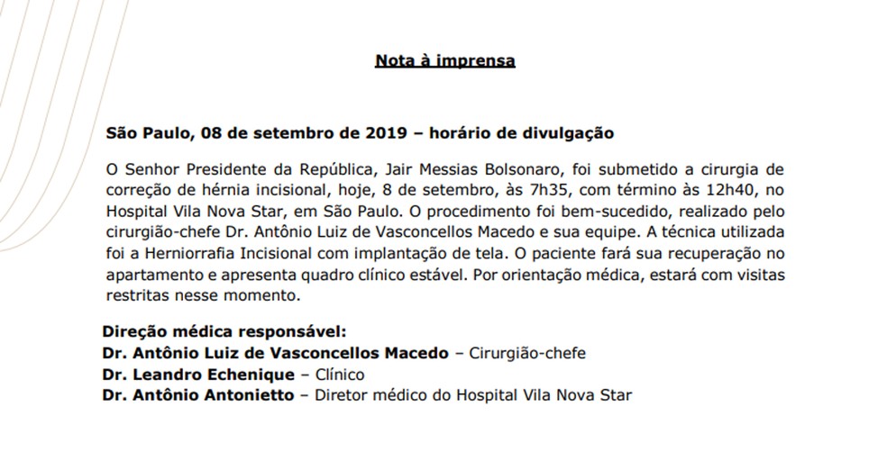Boletim médico de Jair Bolsonaro neste domingo (8) — Foto: Divulgação