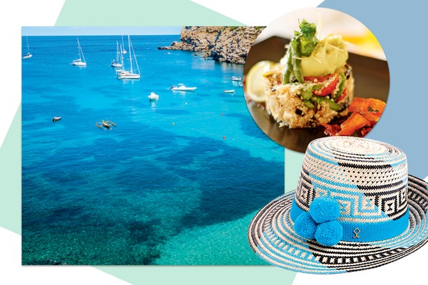 Uma das praias da ilha de Formentera, ao lado, chapéu Yosuzi e prato do restaurante KM5 (Foto: Imaxtree, Thinkstock, Juliana Pinheiro Mota, Reprodução Lifestyle Mirror, Reprodução Instagram @venyxworld, @anabeatrizbarrosoficial e @talulaspizza e Divulgação)