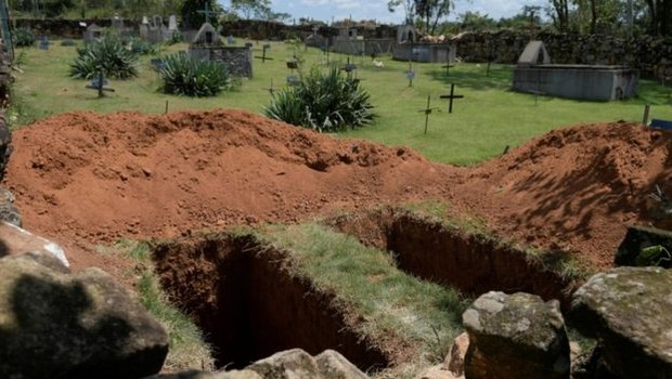 Covas abertas em cemitério de Brumadinho para vítimas do rompimento da barragem; normas técnicas obrigam instalação de alertas sonoros (Foto: Reuters via BBC)