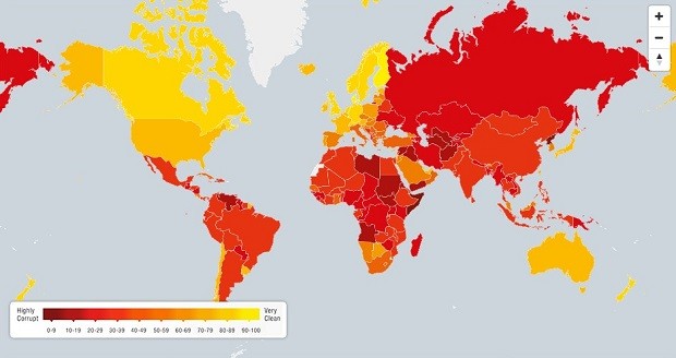 Mapa mostra diferença entre os países em corrupção no setor público (Foto: (Reprodução: Transparência Internacional))