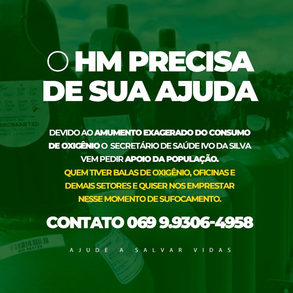 Ji-Paraná, RO, pede doações de cilindros de oxigênio — Foto: Reprodução