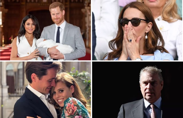 Em sentido horário: Batizado de Archie, Kate Middleton em Wimblendon, Noivado de Beatrice e Príncipe Andrew (Foto: Reprodução/ Instagram e Getty)
