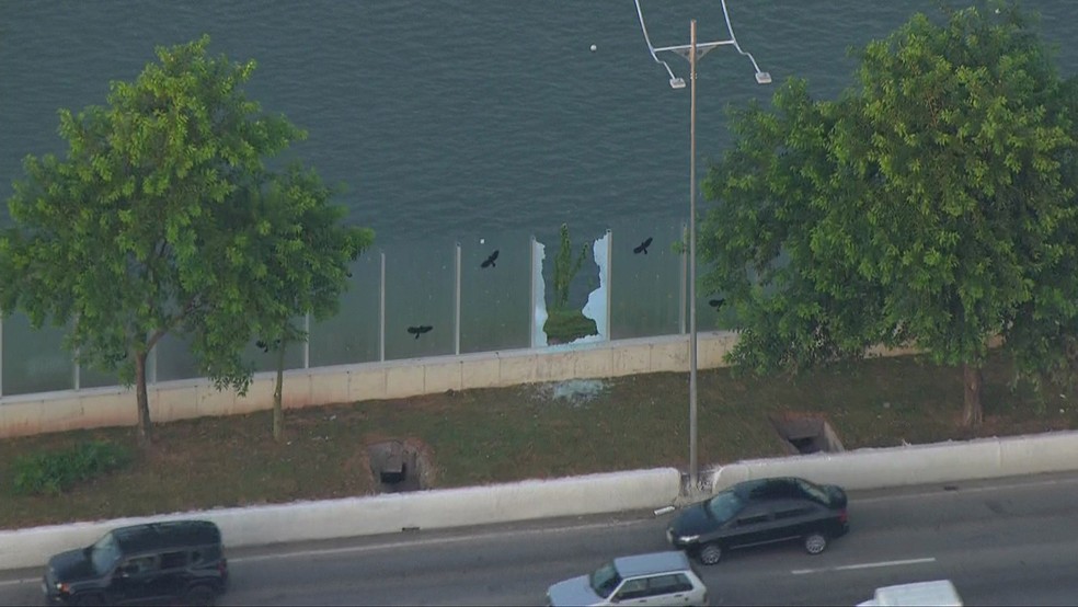 Vidros quebrados na Marginal Pinheiros (Foto: Reprodução/TV Globo)