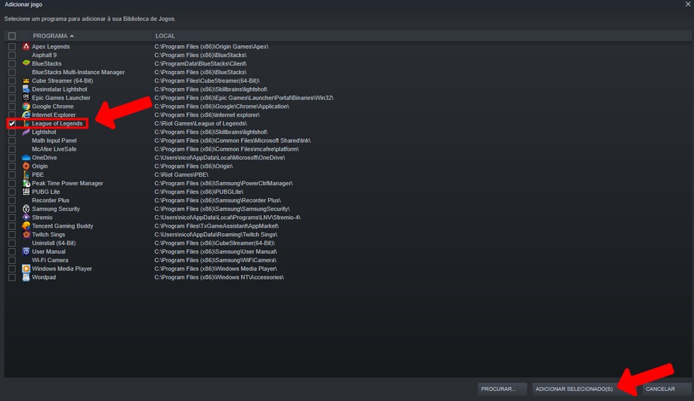 Selecione e adicione o LoL na Steam — Foto: Reprodução/Nicollas Ribeiro