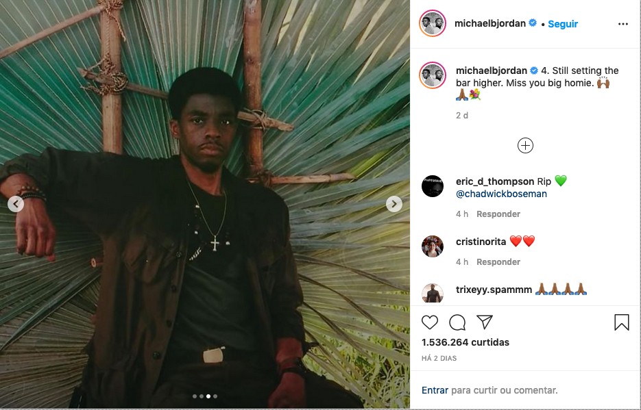 O post do ator Michael B. Jordan em homenagem ao amigo Chadwick Boseman (Foto: Instagram)