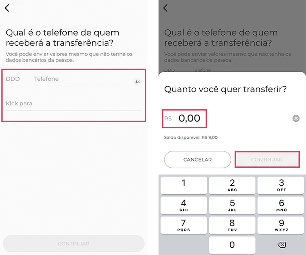 Digite o celular da pessoa que receberá o dinheiro no C6 Bank — Foto: Reprodução/Barbara Mannara