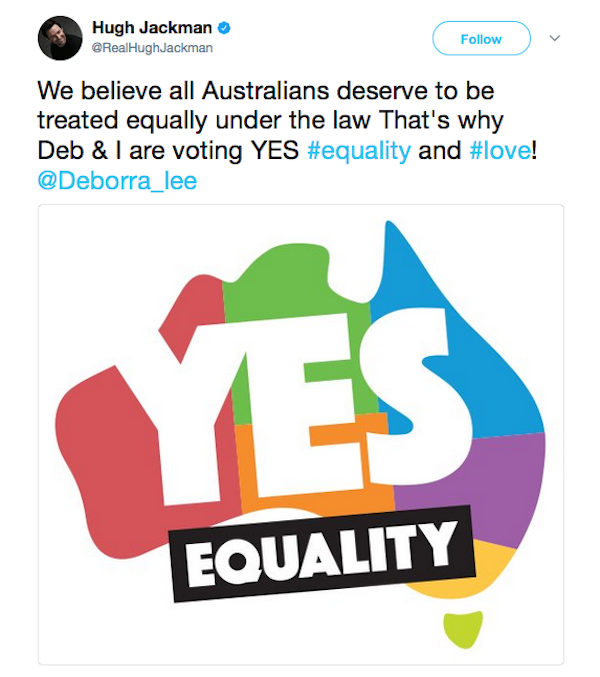 O ator Hugh Jackman expressando seu voto a favor do casamento gay nas eleições australianas (Foto: Twitter)