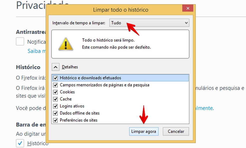 Apagando histórico e outros dados pessoais do Firefox (Foto: Reprodução/Helito Bijora) — Foto: TechTudo