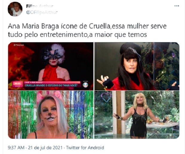 Ana Maria Braga viraliza após aparecer vestida de Cruella (Foto: Reprodução/Twitter)