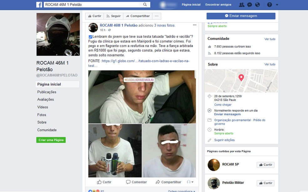 Postagem no Facebook atribuída a Rocam informa que rapaz fugiu da clínica. Mesmo post colocou fotos do jovem segurando os desodorantes furtados e a frase "eu sou ladrão e vacilão" numa tarja sobre os olhos (Foto: Reprodução/Facebook)