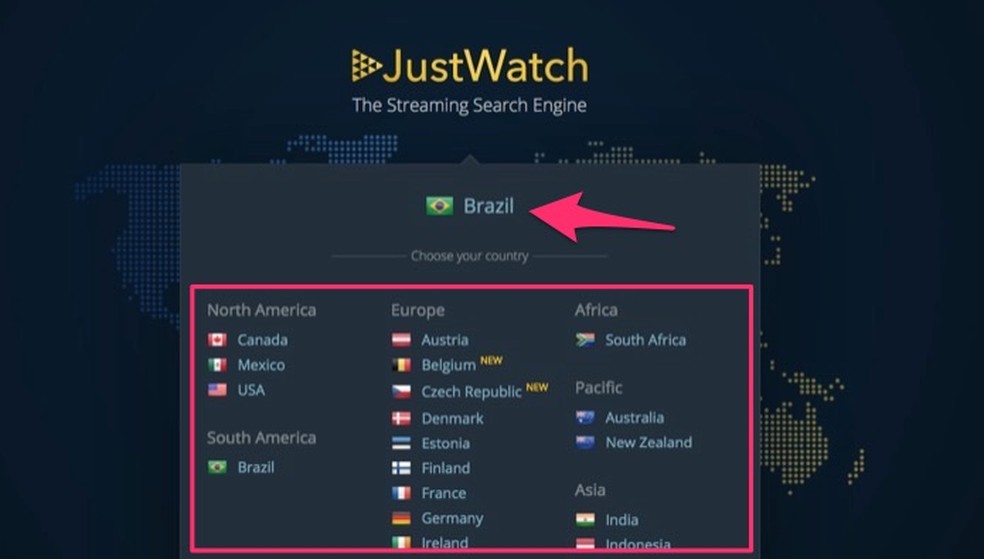 Ação para escolher um país para monitorar lançamentos em serviço de streaming pelo site JustWatch — Foto: Reprodução/Marvin Costa