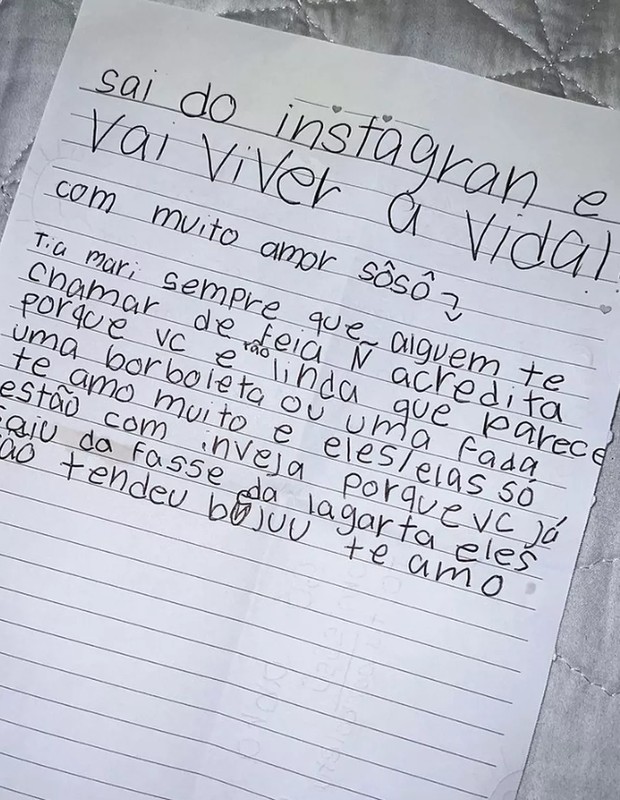 Carta de Sofia, filha de Grazi Massafera e Cauã Reymond, para Mariana Goldfarb (Foto: Reprodução/Instagram)