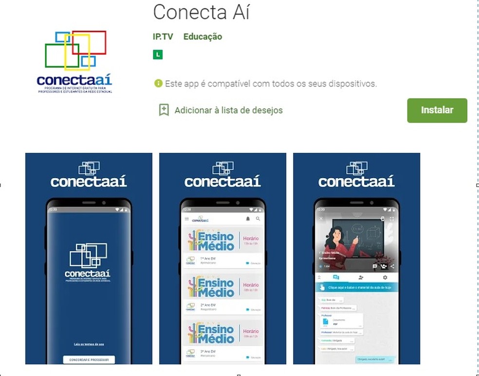 Conecta Aí já está disponível para ser baixado pelo celular, segundo a Secretaria de Educação de Pernambuco — Foto: Reprodução/Internet