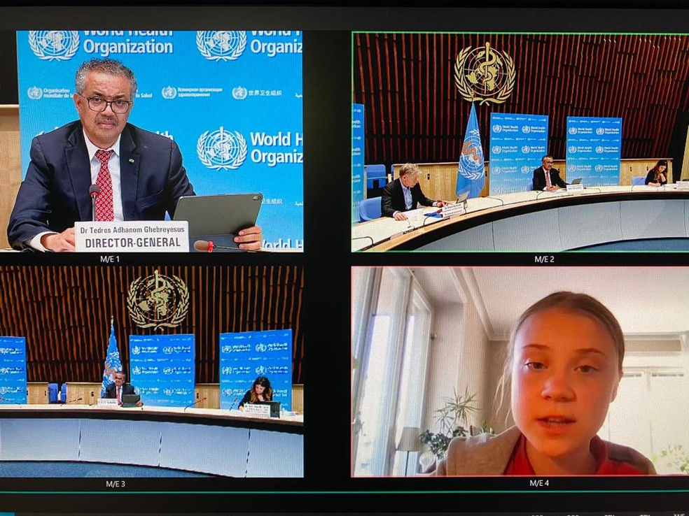 Videoconferência durante a entrevista coletiva da OMS em 19 de abril de 2021 com o chefe Tedros e a ativista do clima Greta Thunberg — Foto: Reprodução/OMS