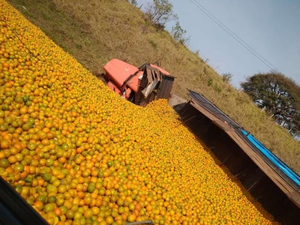 Carga de laranja ficou espalhada na rodovia após acidente em Itatinga — Foto: Arquivo pessoal