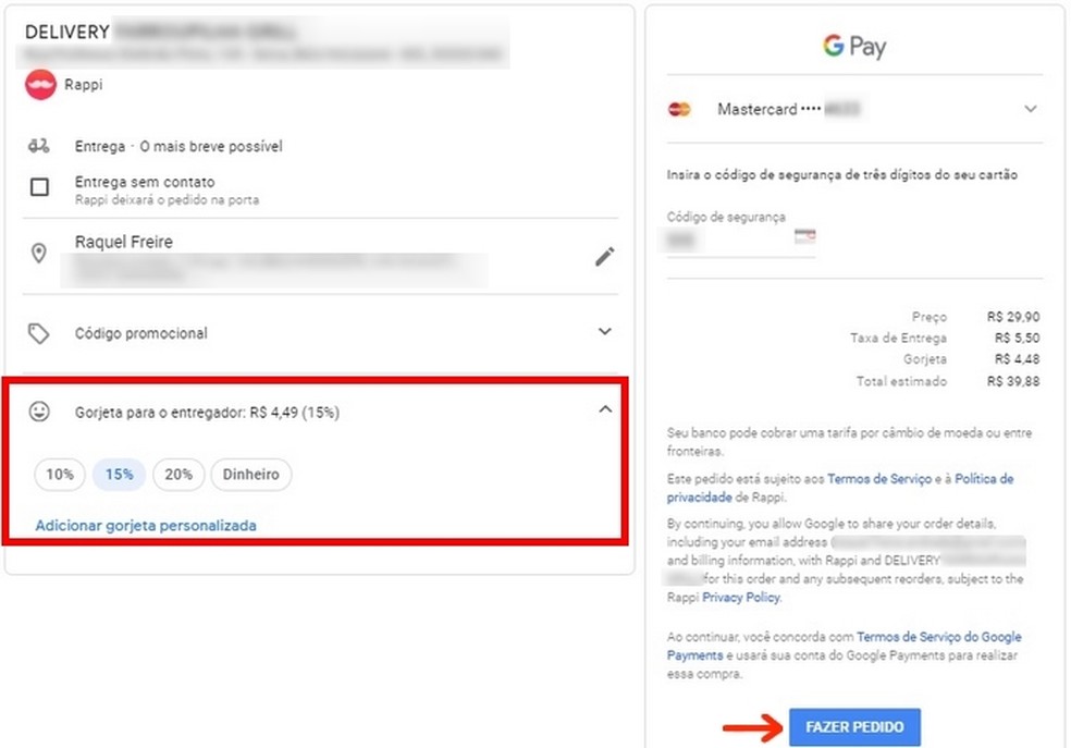 Confirmação de informações de pagamento pelo Google Pay para entrega de comida — Foto: Reprodução/Raquel Freire