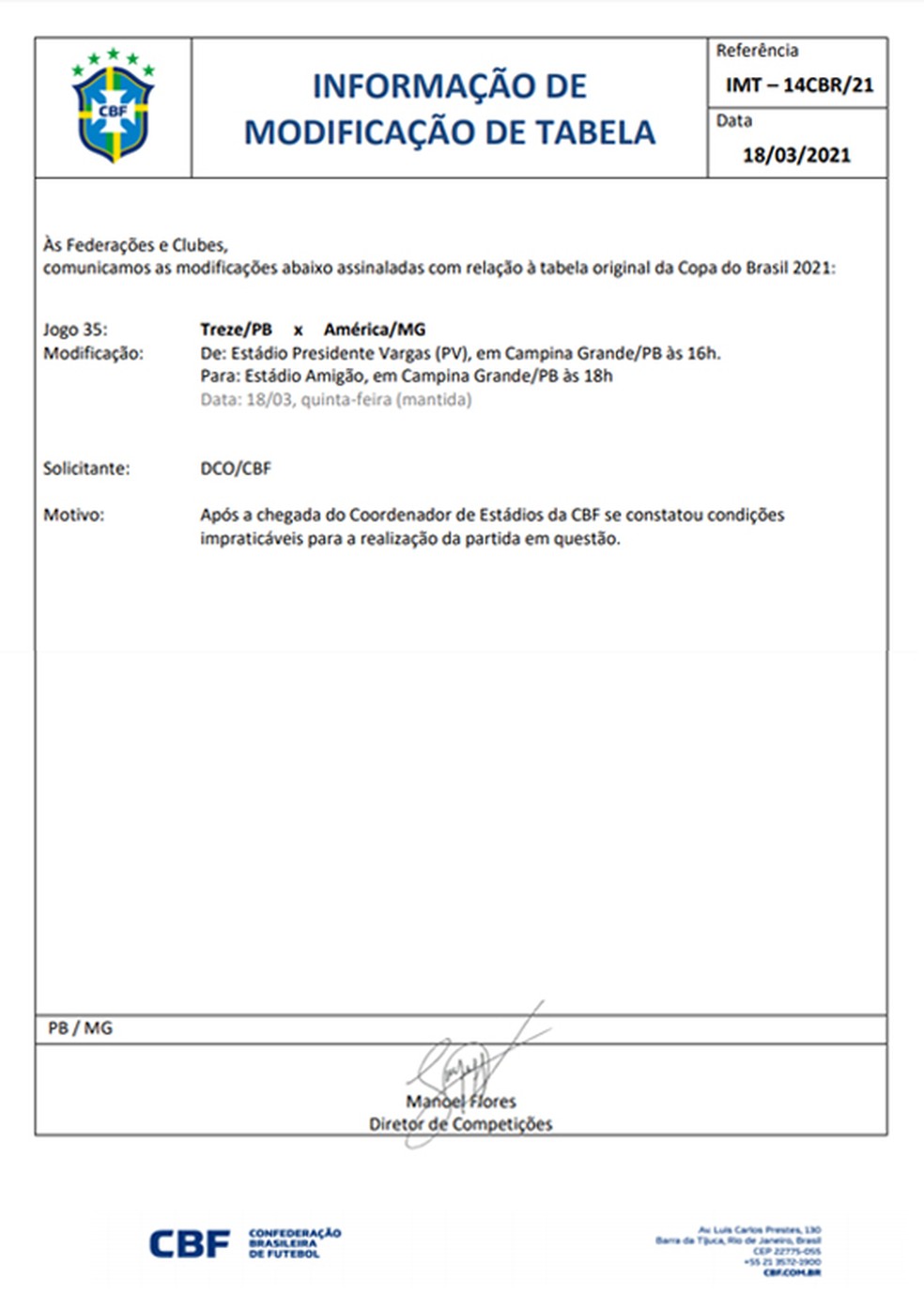 Ofício da CBF foi assinado pelo diretor de Competições da entidade, Manoel Flores 