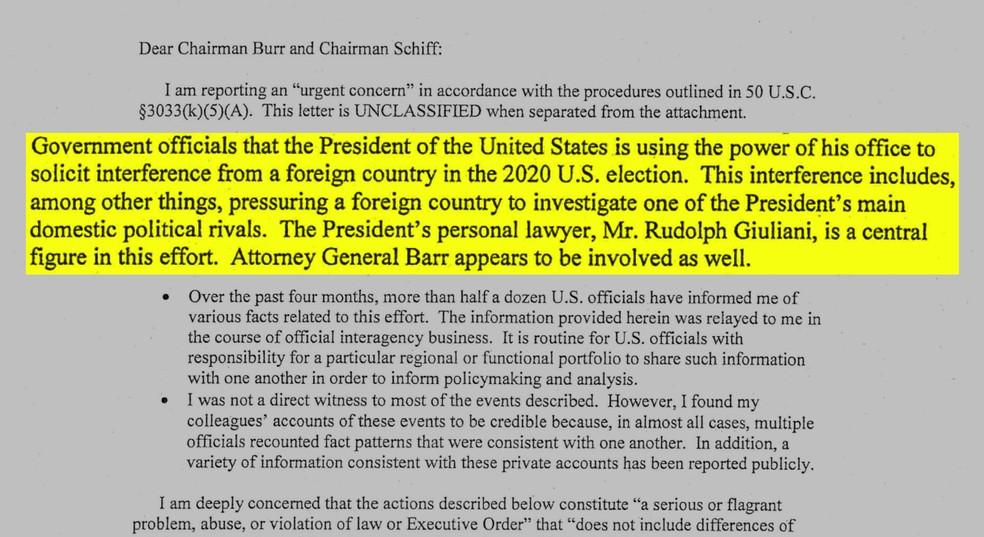 Reprodução do documento em que um agente de inteligência dos EUA acusa Trump de tentar interferir nas eleições de 2020 — Foto: Reprodução
