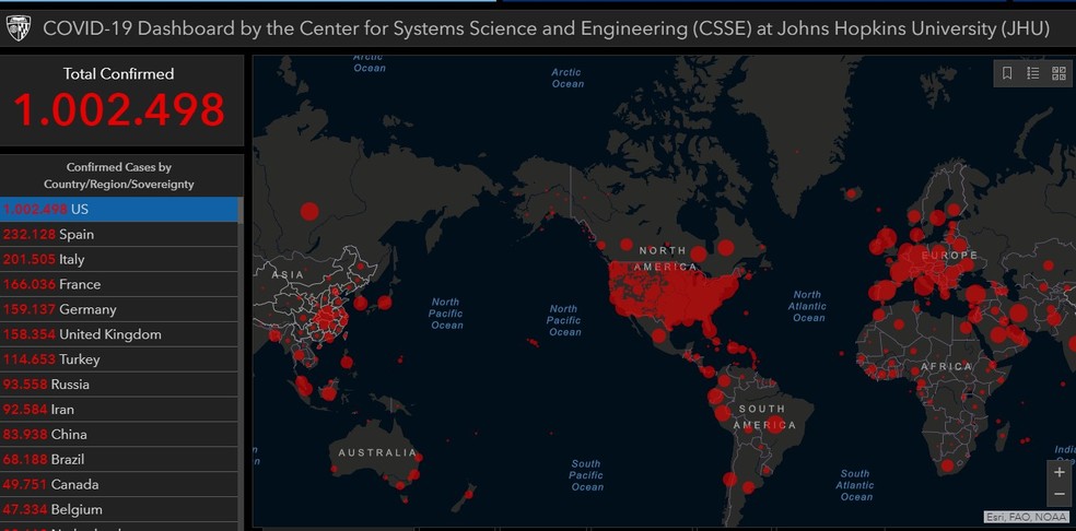 Reprodução do mapa da Johns Hopkins de rastreamento da Covid-19 mostra 1 milhão de casos nos EUA — Foto: Reprodução